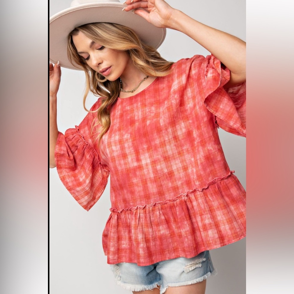 Easel Red Plaid Ruffle Top